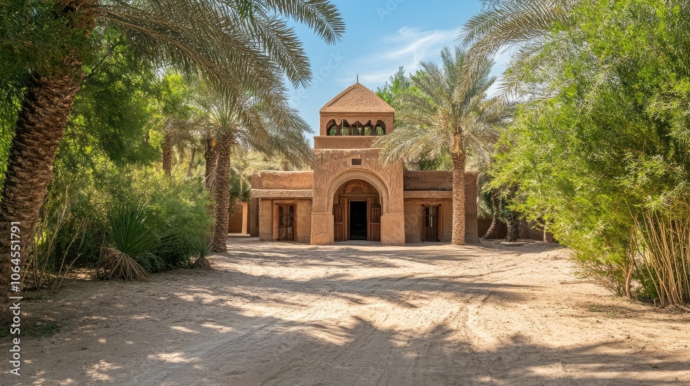 Fototapeta premium Oasis Architecture Surrounded by Lush Palm Trees