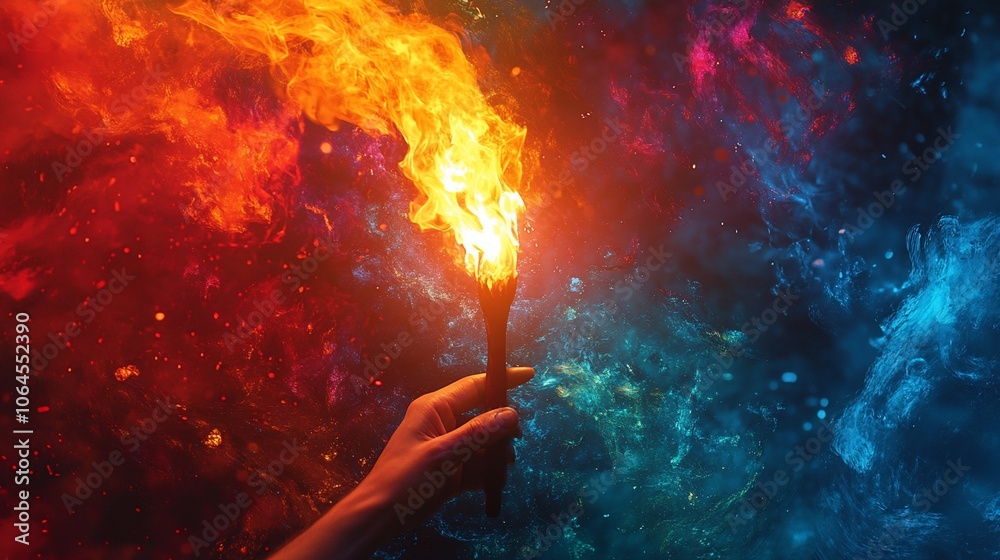 A hand holding a burning torch with a nebula background, representing passion, hope and inspiration. A hand holding a burning torch with a nebula background, representing passion, hope and inspiration.