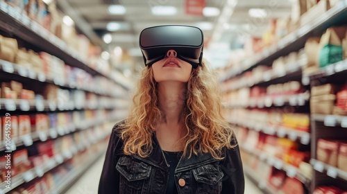 A woman wearing VR goggles in a supermarket. This image is perfect for showcasing the potential of virtual reality for retail experiences.