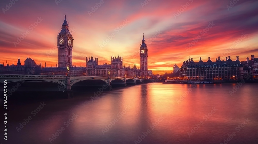 Obraz premium A breathtaking sunset over the iconic Houses of Parliament and Big Ben in London, with the River Thames reflecting the vibrant colors of the sky.
