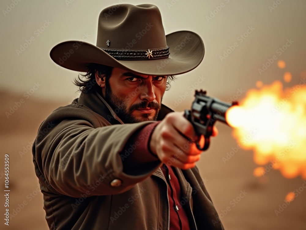 A Rugged Cowboy Aims His Pistol in a Dramatic Standoff at Sunset in a Desolate Landscape A Rugged Cowboy Aims His Pistol in a Dramatic Standoff at Sunset in a Desolate Landscape