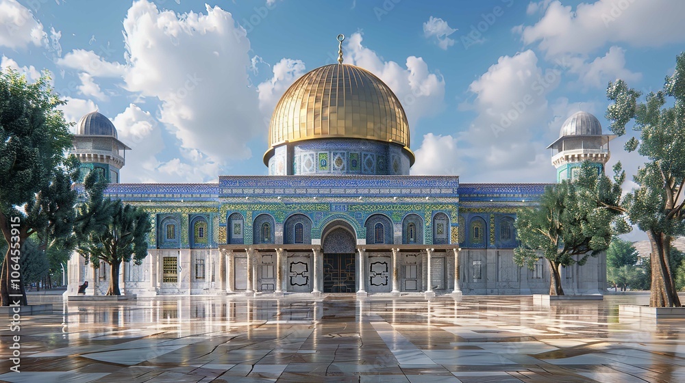 Obraz premium Al-Aqsa Mosque located in Jerusalem, a magnificent mosque building with a golden dome, Ai generated Images