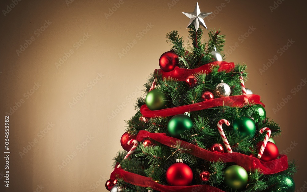 Fototapeta premium Decorated Christmas tree with red ribbon, ornaments, and candy canes.