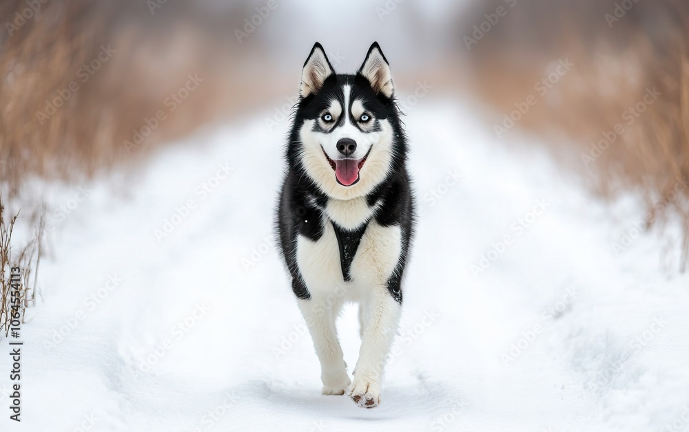 A cheerful Siberian Husky walks through a snowy path, showcasing its striking black and white coat against a winter landscape. A cheerful Siberian Husky walks through a snowy path, showcasing its striking black and white coat against a winter landscape.