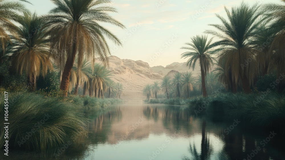 Serene Palm Oasis by Calm Water in Golden Light Serene Palm Oasis by Calm Water in Golden Light