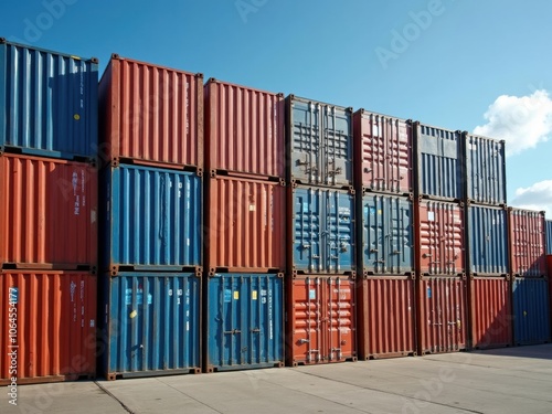 Colorful Shipping Containers Stacked at a Logistics Yard Under a Clear Blue Sky in Bright Daylight