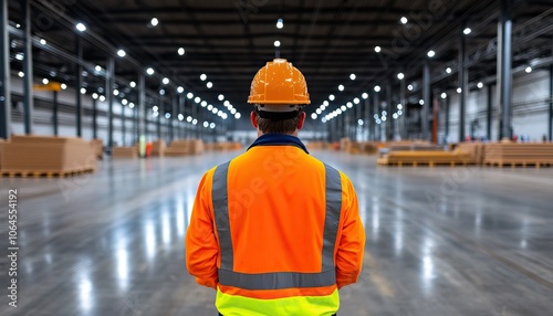 A worker in an orange safety vest and helmet stands in a large warehouse, overseeing the spacious area filled with cardboard boxes and bright lights.