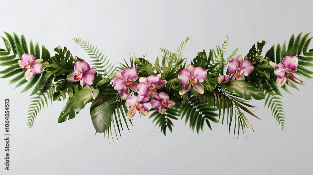 Fototapeta premium Tropical Leaves and Flowers Garland Bouquet Arrangement