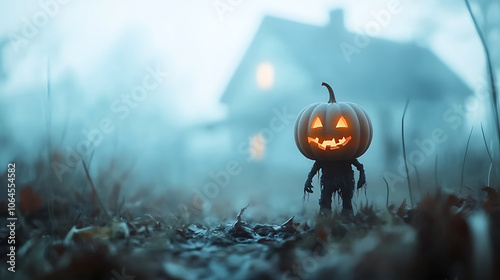 Man with a halloween pupkin head. Houses shrouded in white fog, twilight, dark terrifying silhouettes, horror, night, evil spirits. photo