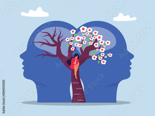 Mental health concept,Two Head silhouette with flowering tree and bare tree,Metaphor bipolar disorder mind mental disorder. Psychology growth mindset and fixed mindset vector