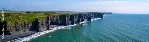 A stunning aerial view of dramatic cliffs meeting the serene ocean, showcasing the beauty of nature in a vibrant coastal landscape.