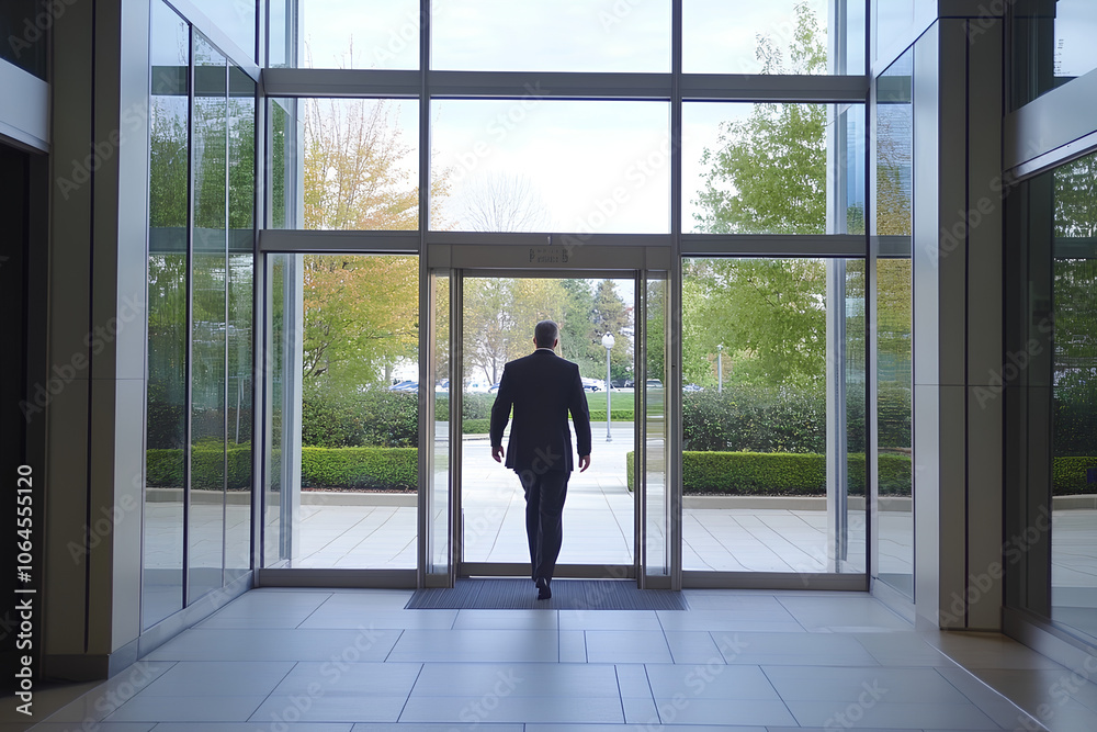 Employee walking into a corporate building, Monday morning, beginning of the workday Employee walking into a corporate building, Monday morning, beginning of the workday