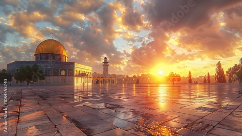 Al-Aqsa Mosque located in Jerusalem, a magnificent mosque building with a golden dome, Ai generated Images