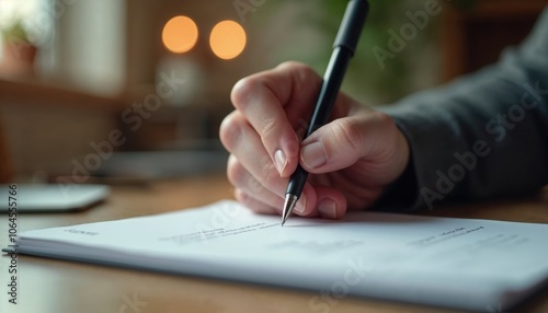 Close-up shot of a hand signing a document with a black pen on a wooden desk, with soft bokeh lights in the background creating a professional atmosphere