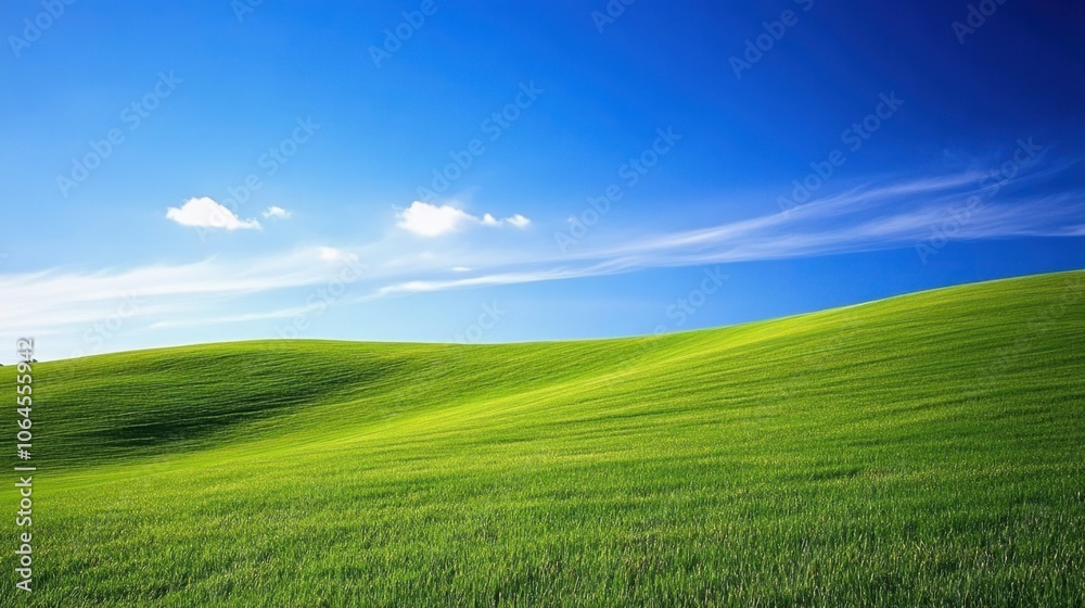 Gentle slopes of grassy hills with a bright blue sky, showcasing the simple beauty of nature Gentle slopes of grassy hills with a bright blue sky, showcasing the simple beauty of nature