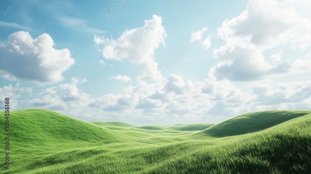 Gentle slopes of green grassy hills under a partly cloudy sky, evoking a peaceful and open landscape Gentle slopes of green grassy hills under a partly cloudy sky, evoking a peaceful and open landscape