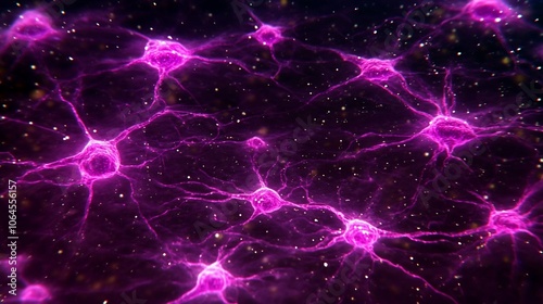 Abstract pink neuron network with glowing points on dark background.