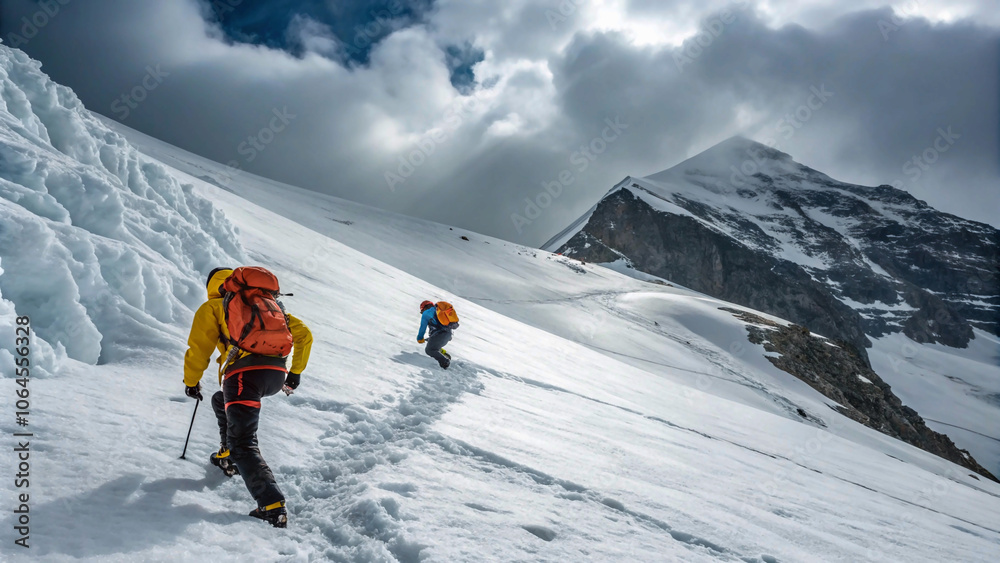 The journey upwards: climbers in colorful gear ascend into the clouds on a rugged mountain terrain.” The journey upwards: climbers in colorful gear ascend into the clouds on a rugged mountain terrain.”