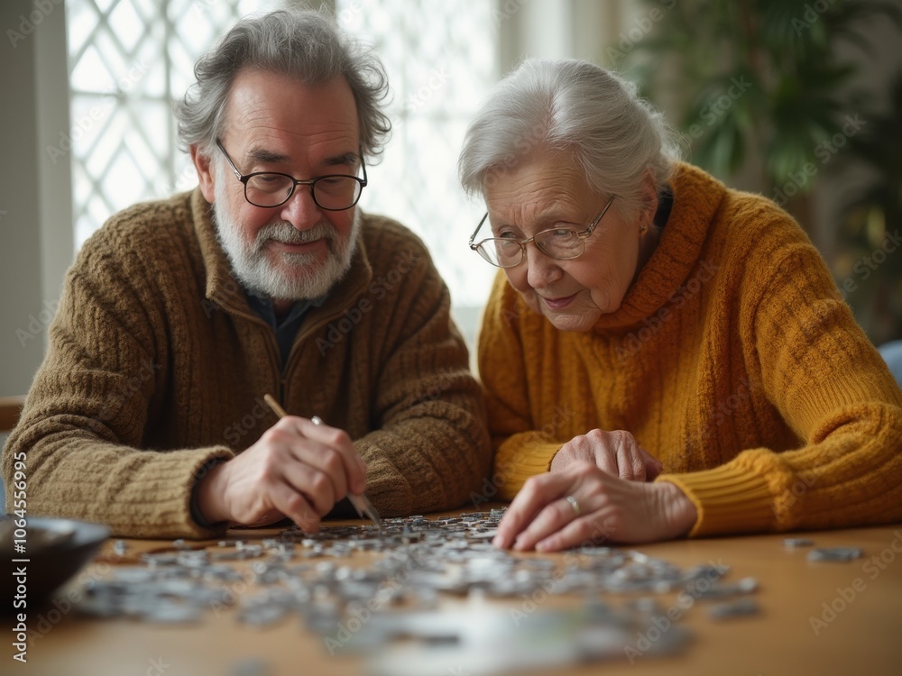Elderly Couple Enjoying a Quiet Afternoon Assembling a Jigsaw Puzzle Together at Home in a Cozy, Well-Lit Living Space Elderly Couple Enjoying a Quiet Afternoon Assembling a Jigsaw Puzzle Together at Home in a Cozy, Well-Lit Living Space