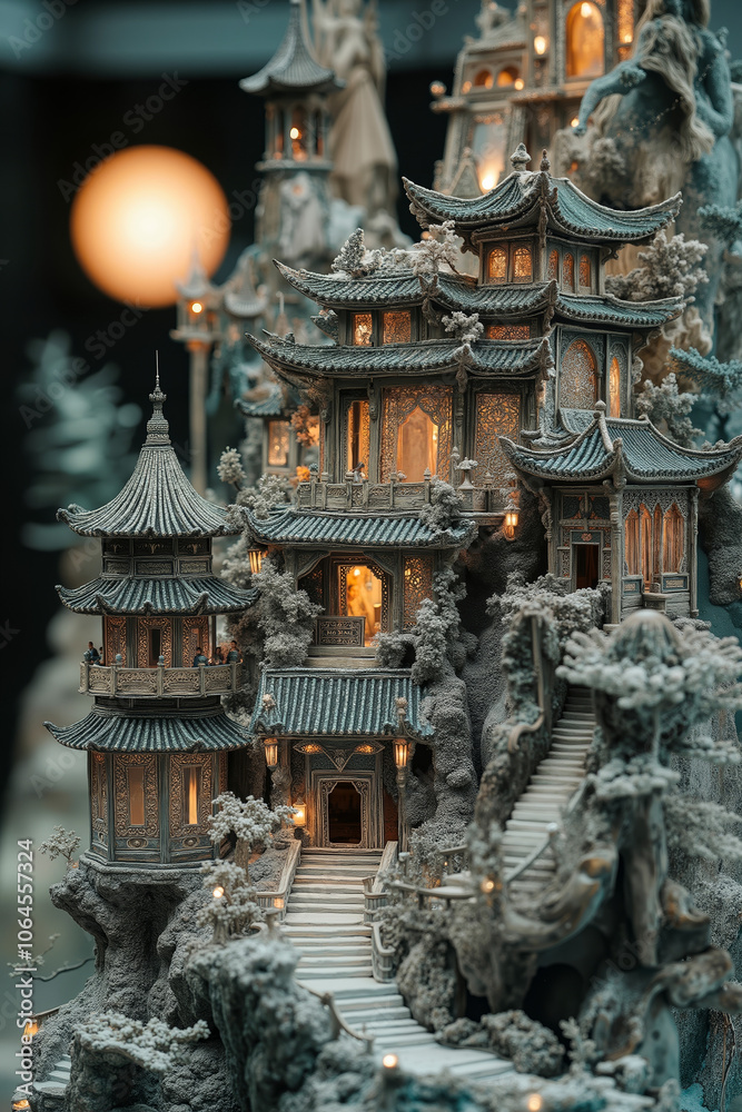 Obraz premium A miniature model of a traditional Chinese village with intricate details and illuminated windows