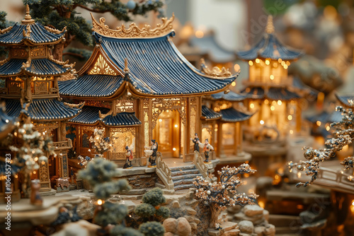 A miniature village with traditional Chinese architecture, illuminated by warm lights photo