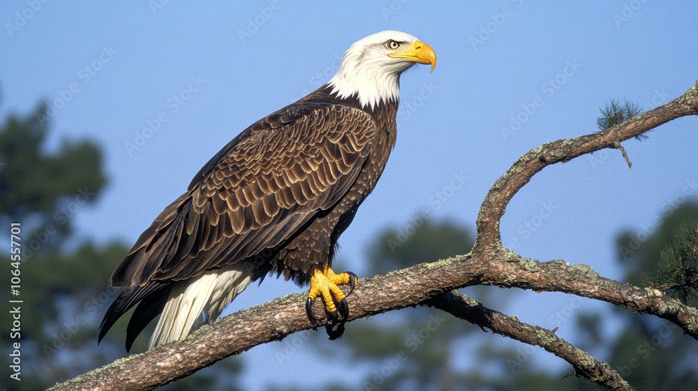 Majestic Bald Eagle Perched on Tree Branch in Nature Majestic Bald Eagle Perched on Tree Branch in Nature