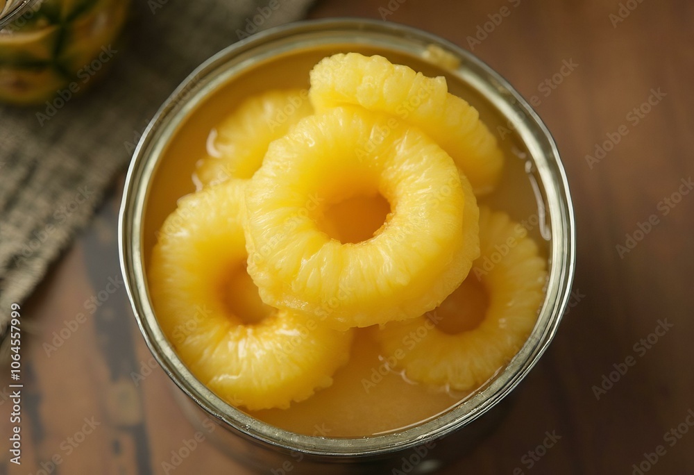 Open Canned Pineapple Rings in Juice Stacked, Top-Down View Open Canned Pineapple Rings in Juice Stacked, Top-Down View