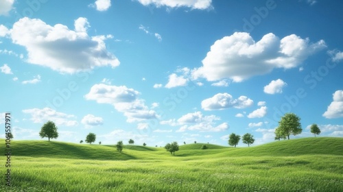 Green grassy hills with trees dotting the landscape, under a sky filled with soft white clouds