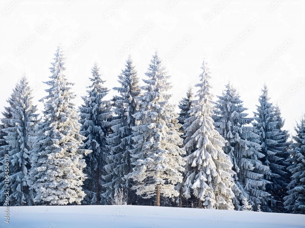 Group of frosty spruce trees in snow isolated on white Group of frosty spruce trees in snow isolated on white