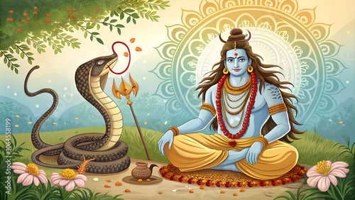 Shiva meditating in nature with a cobra snake, surrounded by flowers and a mandala, a peaceful and serene scene. photo