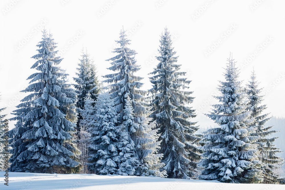 Group of frosty spruce trees in snow isolated on white Group of frosty spruce trees in snow isolated on white