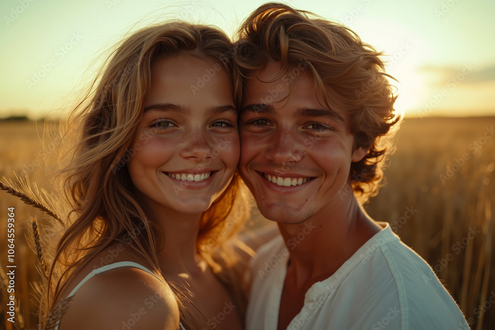 A young couple smiling and embracing in a field at sunset