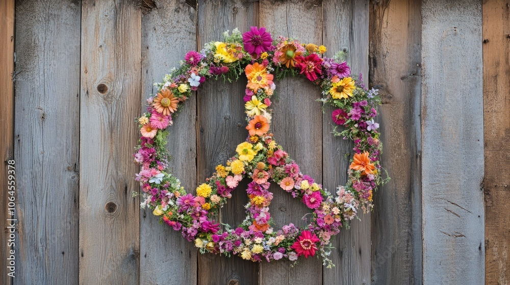 Colorful Flower Peace Sign on Wooden Background Colorful Flower Peace Sign on Wooden Background