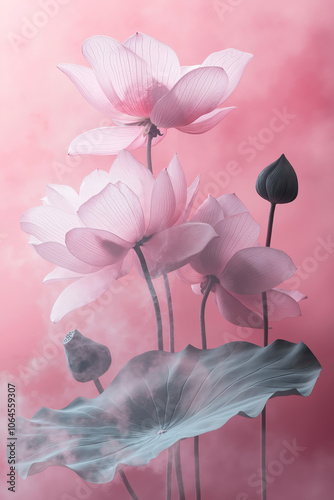 A digital artwork featuring a group of pink and white flowers with dark centers, set against a pink background with a soft, misty effect photo