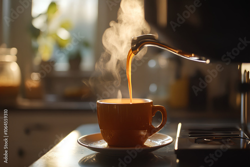 reshly brewed coffee pouring into a mug, Monday morning, essential morning ritual photo