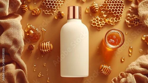 Honey Skincare Bottle with Honeycomb and Honey Drips