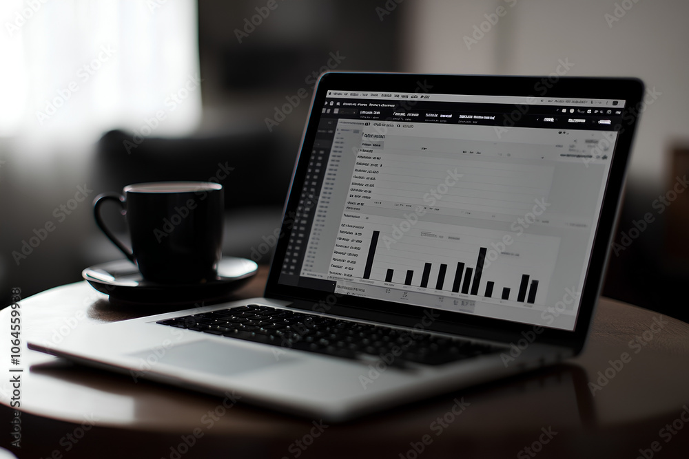 Laptop with morning stock market updates, Monday morning, financial awareness Laptop with morning stock market updates, Monday morning, financial awareness