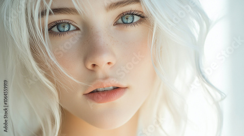 Elegant young woman with white hair and blue eyes