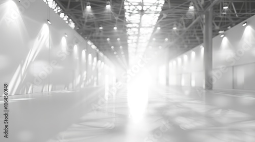 Fototapeta Naklejka Na Ścianę i Meble -  White Indoor Space Exhibition Hall Background - a spacious and elegant visual. The white indoor space of the exhibition hall creates a serene and stylish scene.