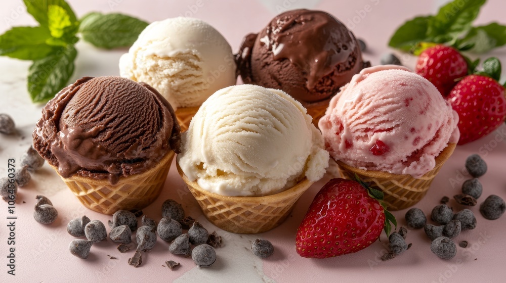 Delicious Ice Cream Scoops in Waffle Cones with Chocolate Chips and Strawberries Delicious Ice Cream Scoops in Waffle Cones with Chocolate Chips and Strawberries