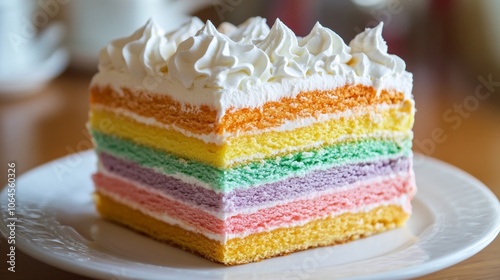 Rainbow Layer Cake with Whipped Cream Topping on White Plate