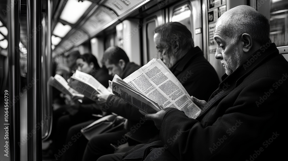 Morning train ride with commuters reading newspapers, Monday morning, daily routine Morning train ride with commuters reading newspapers, Monday morning, daily routine