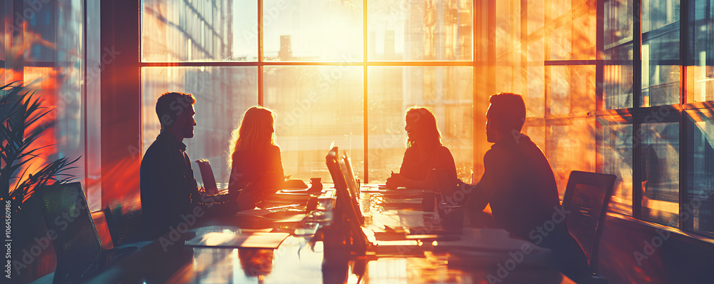 Office workers in a meeting with sunlight coming through the windows, Monday morning, collaboration and teamwork