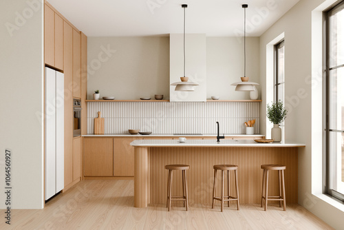 Modern kitchen interior with wooden and white accents. 3d render.