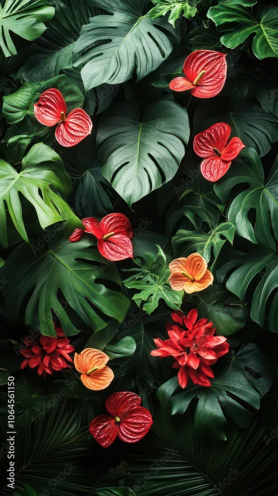 lush green backdrop of tropical foliage featuring exotic plants like anthuriums and ferns creating a rich vibrant wall of nature embodying serenity and growth in a cloud forest lush green backdrop of tropical foliage featuring exotic plants like anthuriums and ferns creating a rich vibrant wall of nature embodying serenity and growth in a cloud forest
