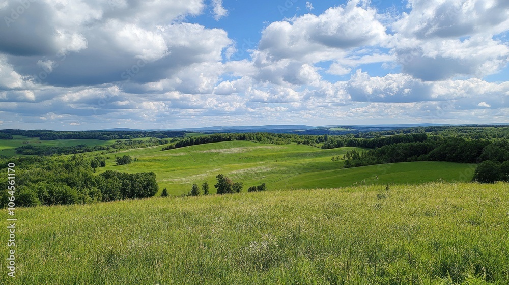 Rolling green hills under fluffy clouds, capturing the open beauty of the landscape Rolling green hills under fluffy clouds, capturing the open beauty of the landscape