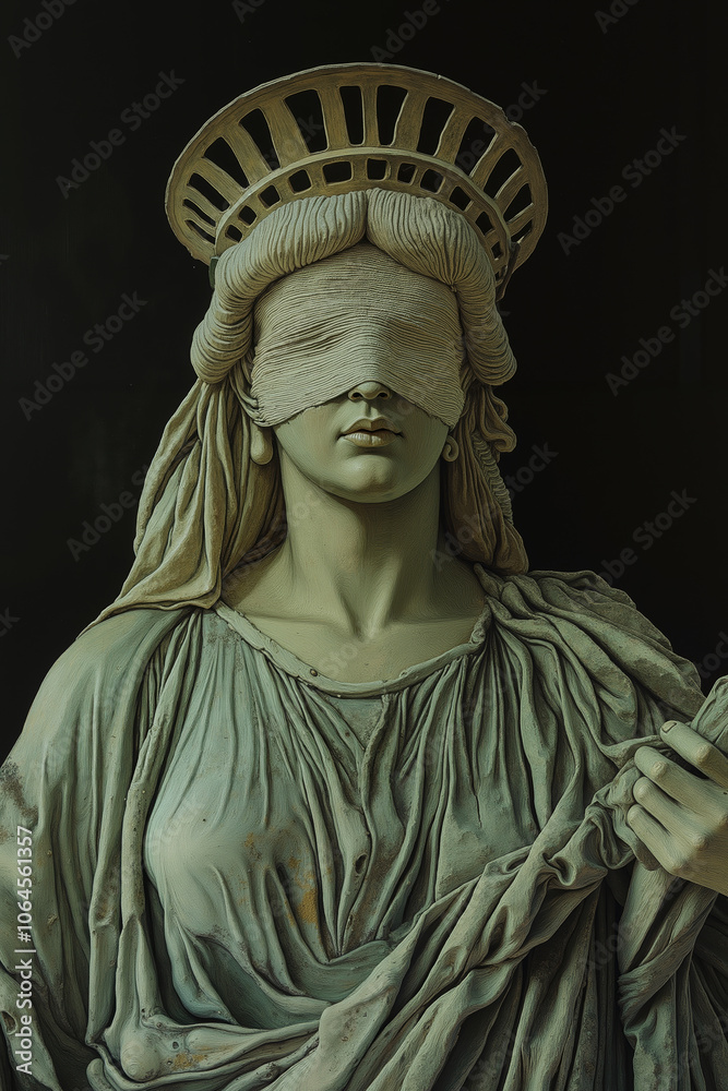 Obraz premium Statue of a woman with a blindfold over her eyes, holding a piece of cloth