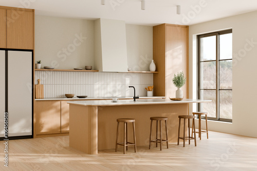 Modern kitchen with wood accents and natural light. 3d render.