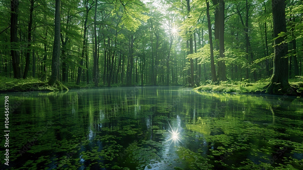 Fototapeta premium Serene Forest River: Sunlight Through Lush Greenery