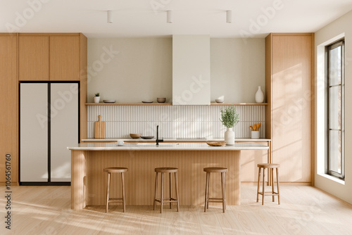 Modern minimalist kitchen with wood and white accents. 3d render. photo